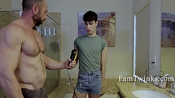 Bashful Stepson Helps Step-dad Trim His ball-sac nut sack of babymakers