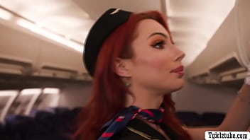 Transsexual flight attendant Three way fucky-fucky with her passengers in vapid