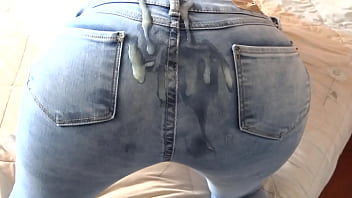 I found my stepson wanking off in my undies and for the very first-ever time I permit him to cum on my bum in denim