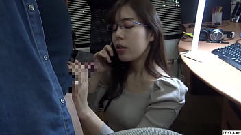 Japanese cheating on phone with hubby while providing blow-job