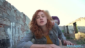 Public Agent Jaw-dropping ginger-haired waitress deep-throats boner and gets romped doggie-style outside in public